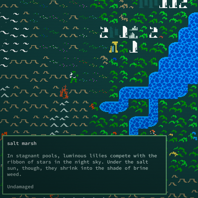 A player walks on the Windtrace world map and inspects a salt marsh tile.